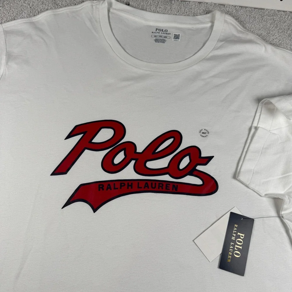 Polo Ralph Lauren T-Shirt Men 4XLT White Script Logo Graphic NWT Big & Tall HOLE